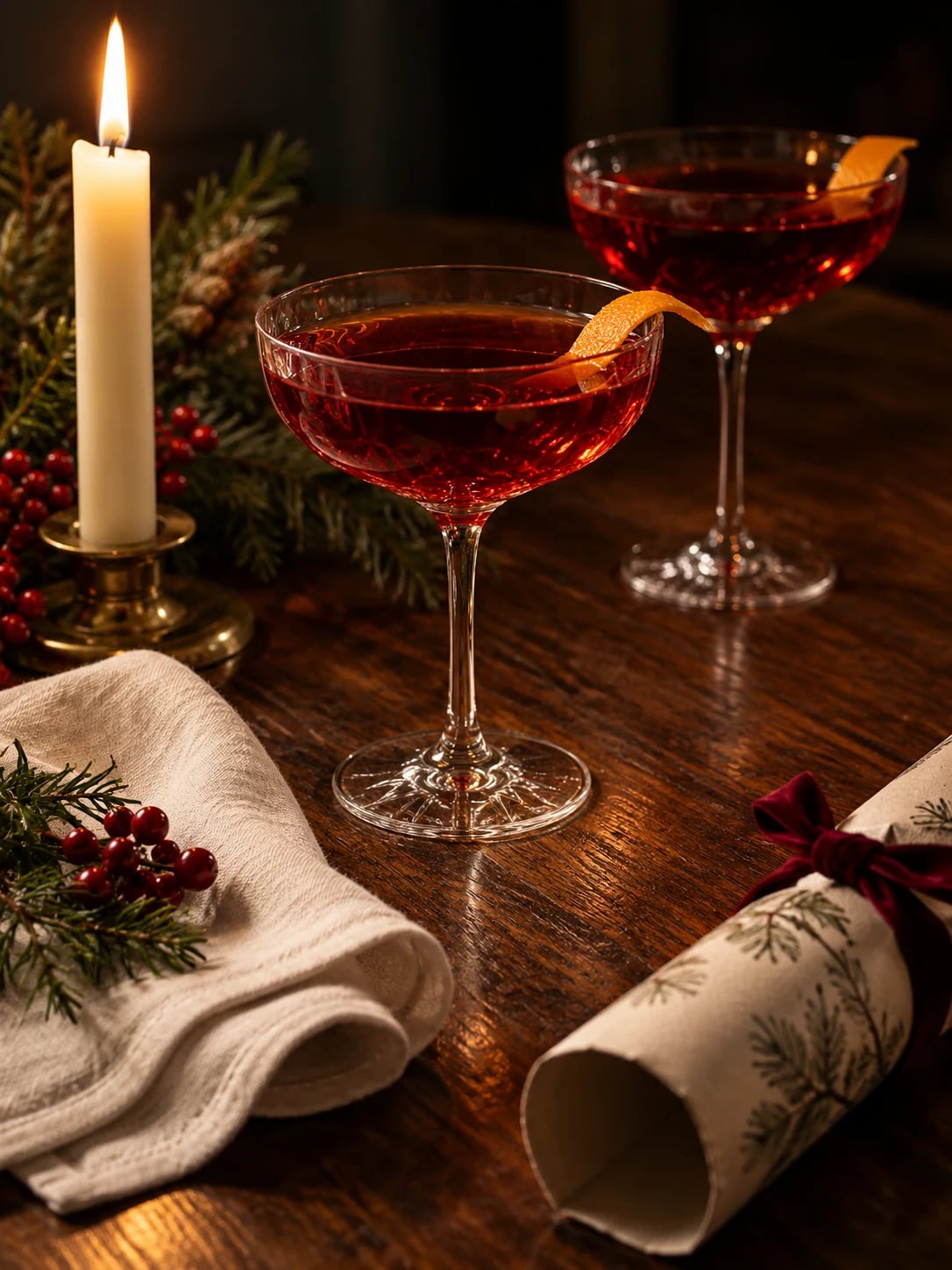 Ruby-red aperitifs, candlelight and evergreen foliage on a Christmas table