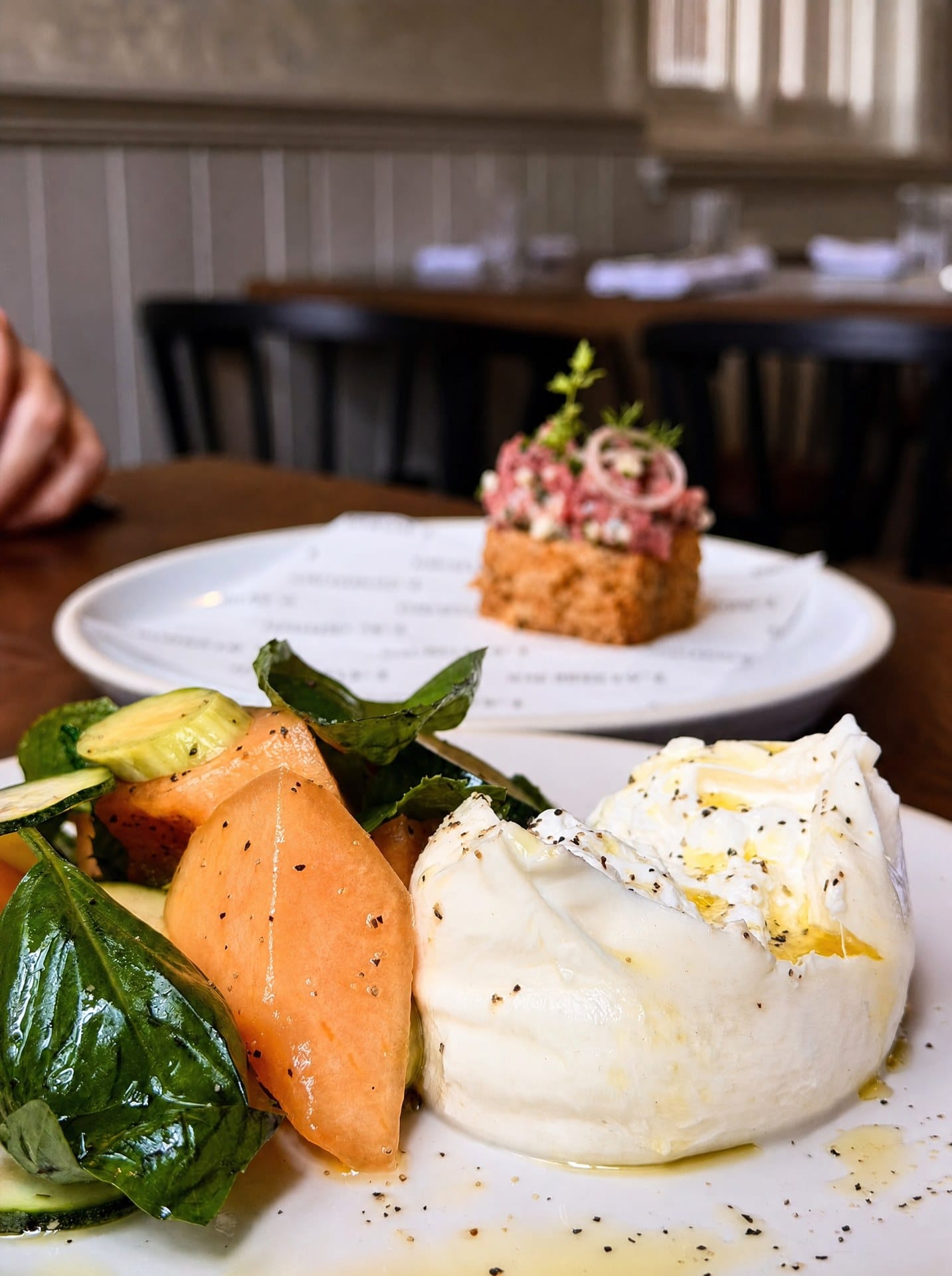 Burrata with melon and basil at Latimers