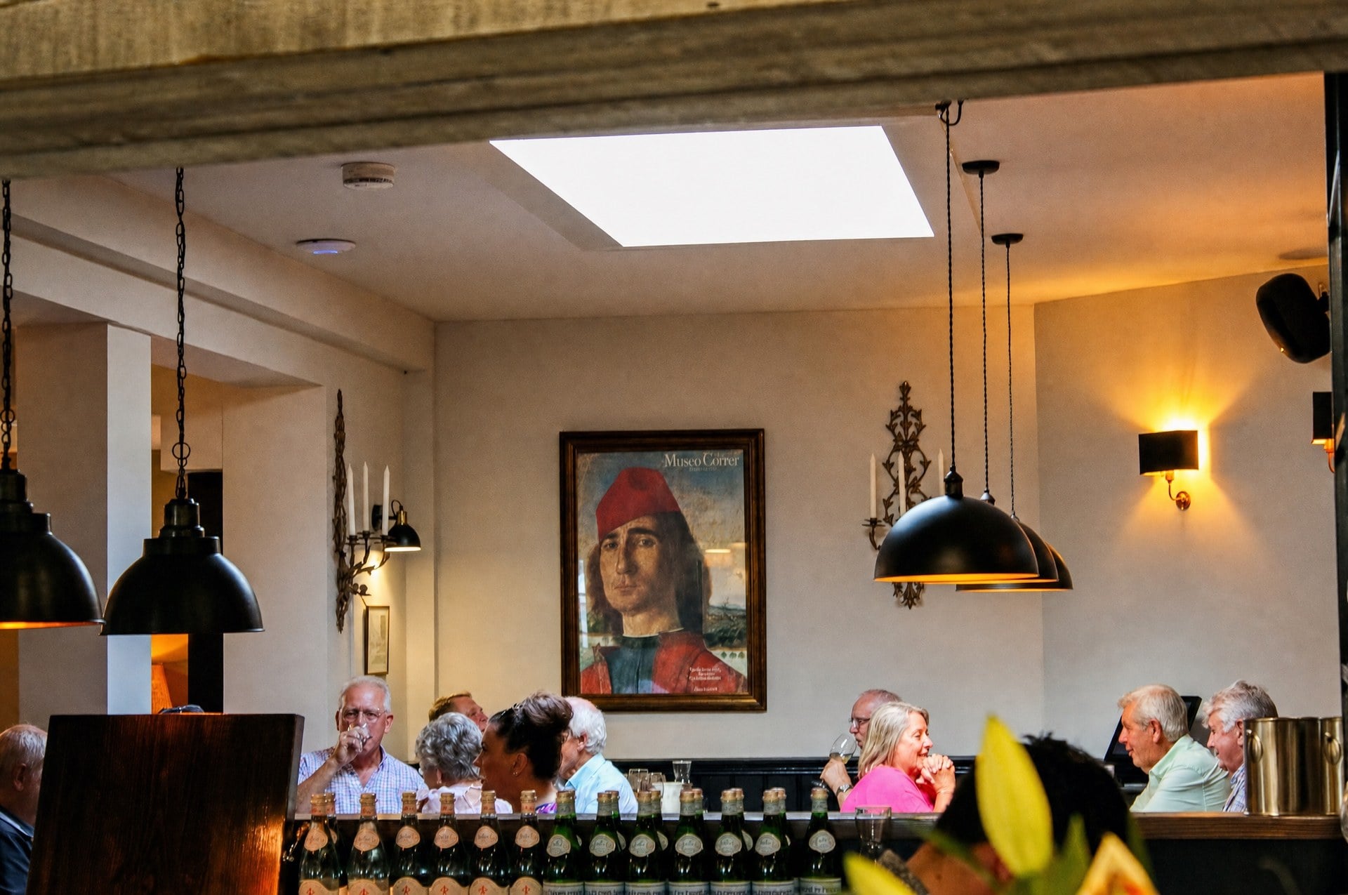 The dining room at Latimers restaurant in Romsey, beneath the skylight